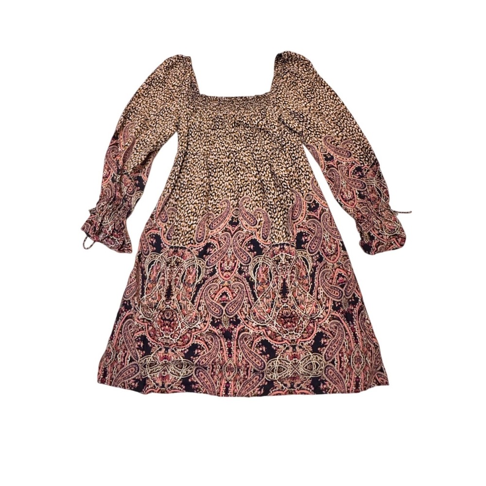 Maeve‎ Anthropologie Mixed Print Smocked Mini Dress XS Leopard Paisley Bohemian